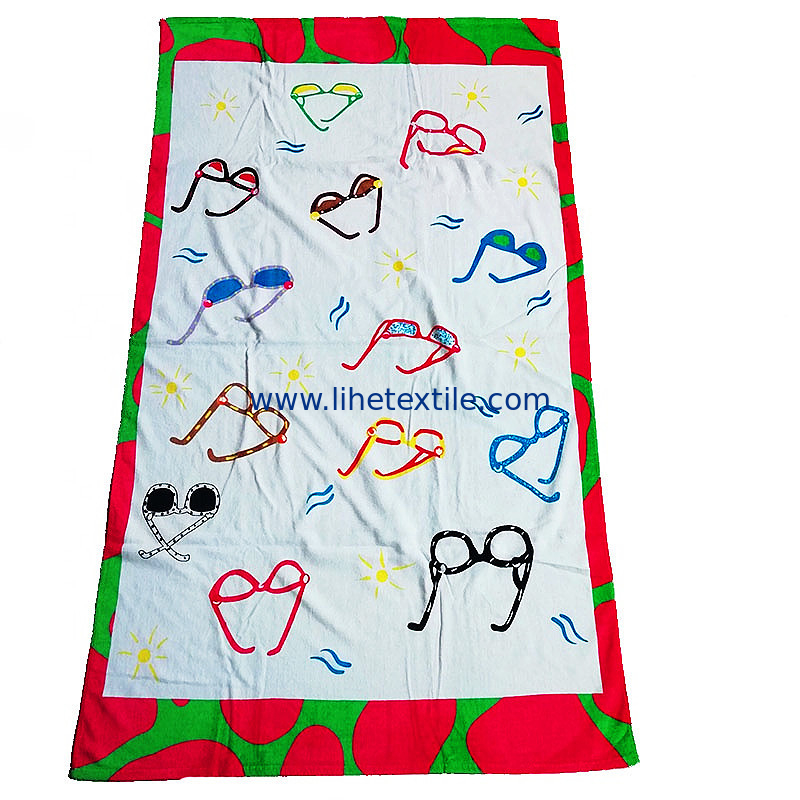 Oversize 100%Cotton Custom Logo Velour Beach Towel Terry Printed Glasses Patten Cotton Beach Towels